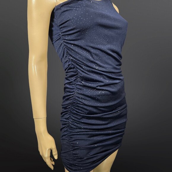 Y2K Mini Dress Size M Dark Blue Glitter One Shoulder Ruched Silver Buckle Fairy - Picture 6 of 9